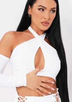Tops*Missy Empire Saoirse Cross Halterneck Top Ivory