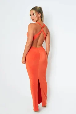 Going Out Dresses|Maxi Dresses*Missy Empire Sara Orange Backless Halterneck Maxi Dress