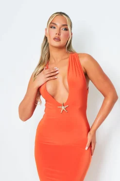 Going Out Dresses|Maxi Dresses*Missy Empire Sara Orange Backless Halterneck Maxi Dress