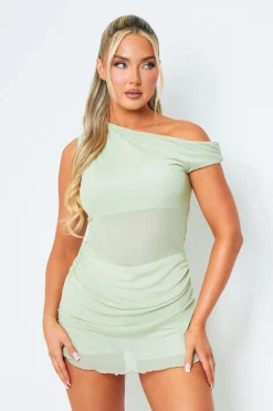 Mini Dresses|Going Out Dresses*Missy Empire Sarah Sage One Shoulder Double Layer Mesh Mini Dress