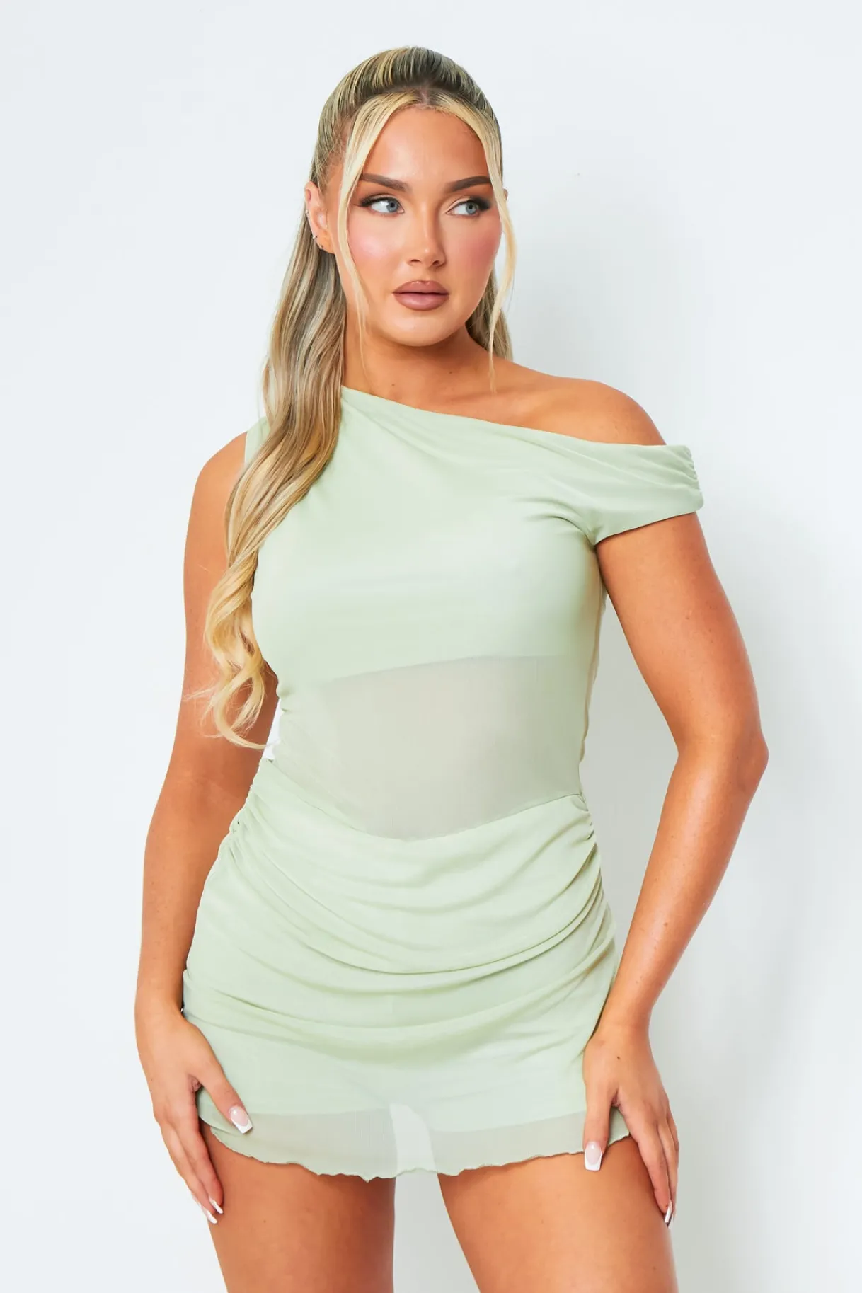 Mini Dresses|Going Out Dresses*Missy Empire Sarah Sage One Shoulder Double Layer Mesh Mini Dress