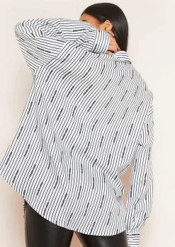 Tops*Missy Empire Sarah White Pinstripe Text Oversized Shirt