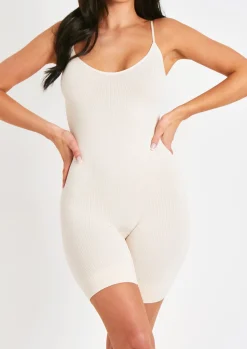 Rave Outfits|Airport Vibin'*Missy Empire Sariah Ribbed Seamless Strappy Unitard Cream