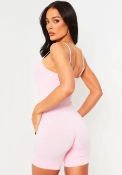 Rave Outfits|Airport Vibin'*Missy Empire Sariah Ribbed Seamless Strappy Unitard Pink