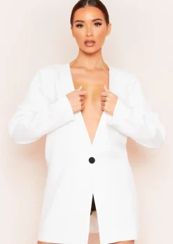 Coats & Jackets|Blazers*Missy Empire Sasha White Plunge Collarless Longline Oversized Blazer