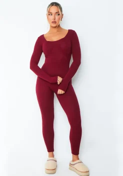 Loungewear|Jumpsuits & Playsuits*Missy Empire Savannah Burgundy Knitted Long Sleeve Jumpsuit Red