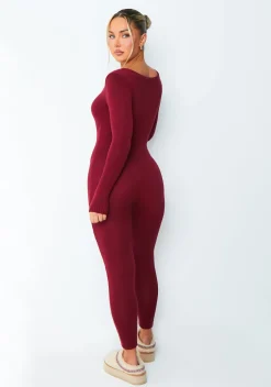 Loungewear|Jumpsuits & Playsuits*Missy Empire Savannah Burgundy Knitted Long Sleeve Jumpsuit Red