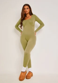 Loungewear|Knitwear*Missy Empire Savannah Knitted Long Sleeve Jumpsuit Olive
