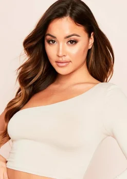 Tops*Missy Empire Siara One Shoulder Long Sleeve Crop Top Beige
