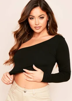 Tops*Missy Empire Siara One Shoulder Long Sleeve Crop Top Black