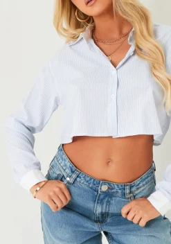 Tops*Missy Empire Sienna Blue Crop Stripe Shirt