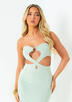 Party Dresses|Going Out Dresses*Missy Empire Sienna Sage Double Layer Slinky Bandeau Cut Out Maxi Dress Green