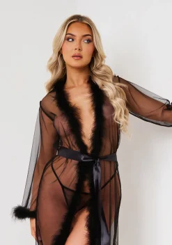 Nightwear|Lingerie*Missy Empire Sierra Fluffy Trim Tie Waist Lingerie Nightgown Black