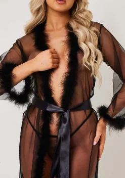 Nightwear|Lingerie*Missy Empire Sierra Fluffy Trim Tie Waist Lingerie Nightgown Black