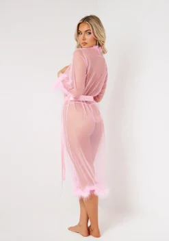 Nightwear|Lingerie*Missy Empire Sierra Fluffy Trim Maxi Dressing Gown Pink