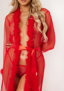 Nightwear|Lingerie*Missy Empire Sierra Fluffy Trim Maxi Dressing Gown Red