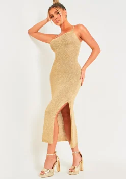 The Party Edit|Knitted Dresses*Missy Empire Skylar Metallic Knit Midi Dress Gold