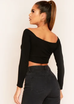 Tops*Missy Empire Socorro Black Twist Front Bardot Long Sleeve Crop Top