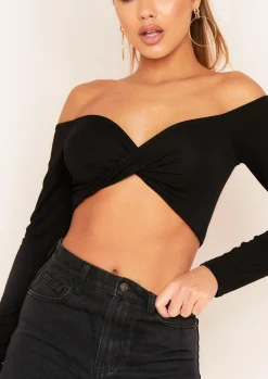 Tops*Missy Empire Socorro Black Twist Front Bardot Long Sleeve Crop Top