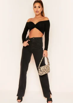 Tops*Missy Empire Socorro Black Twist Front Bardot Long Sleeve Crop Top