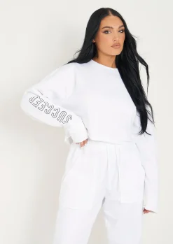 Airport Vibin'|Tracksuits*Missy Empire Sofia Black Succeed Slogan Cropped Sweatshirt White
