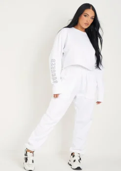 Airport Vibin'|Tracksuits*Missy Empire Sofia Black Succeed Slogan Cropped Sweatshirt White