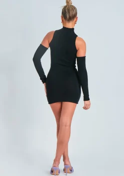 Rave Outfits|Little Black Dresses*Missy Empire Stacie Black Laddered Knitted Mini Dress With Sleeves