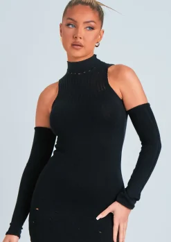 Rave Outfits|Little Black Dresses*Missy Empire Stacie Black Laddered Knitted Mini Dress With Sleeves