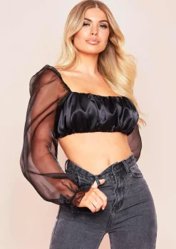 Tops*Missy Empire Syrah Black Satin Mesh Puff Sleeve Crop Top