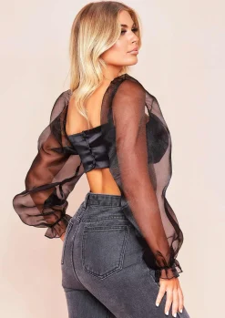 Tops*Missy Empire Syrah Black Satin Mesh Puff Sleeve Crop Top