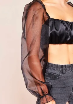 Tops*Missy Empire Syrah Black Satin Mesh Puff Sleeve Crop Top