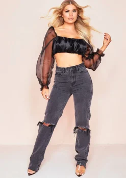 Tops*Missy Empire Syrah Black Satin Mesh Puff Sleeve Crop Top