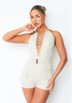 Jumpsuits & Playsuits*Missy Empire Tammy Beige Lace Up Pocket Detail Utility Playsuit