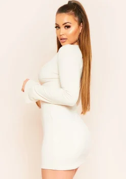 Knitted Dresses|Long Sleeve Dresses*Missy Empire Tania Ribbed Double Zip Mini Dress Beige