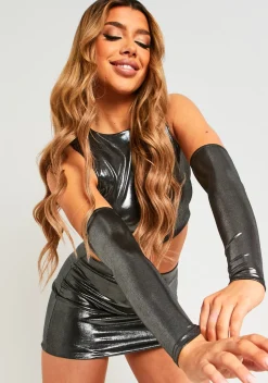 Rave Outfits|Concert Outfits*Missy Empire Tanya Silver Metallic Crop Top With Separate Sleeves