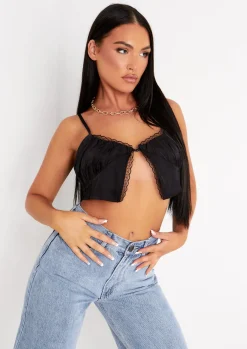 Rave Outfits|Tops*Missy Empire Tatiana Black Satin Lace Crop Top