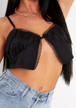 Rave Outfits|Tops*Missy Empire Tatiana Black Satin Lace Crop Top