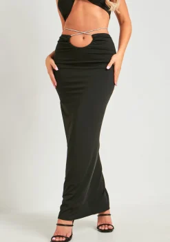 Concert Outfits|The Party Edit*Missy Empire Tayla Black Diamante Trim Double Layer Maxi Skirt