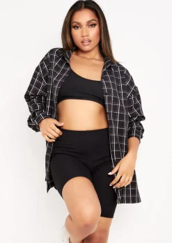 Tops*Missy Empire Teresa And White Longline Checked Oversized Shirt Black