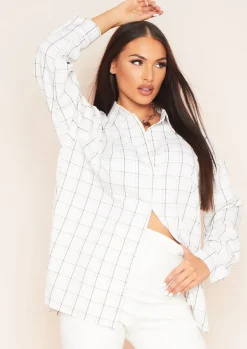 Airport Vibin'|Tops*Missy Empire Teresa Longline Checked Oversized Shirt White