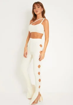 Rave Outfits|Airport Vibin'*Missy Empire Tessa Cream Knitted Split Hem Trousers