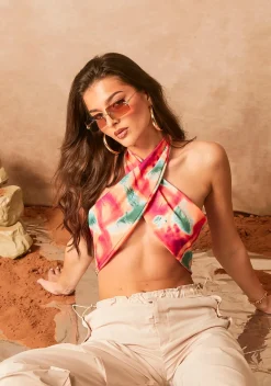 Swimwear|Beachwear*Missy Empire Thea Multi Print Cross Over Halter Neck Bikini Top Multicoloured