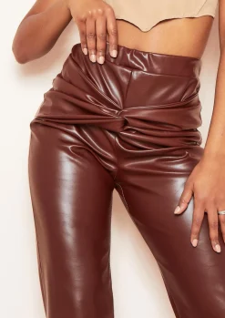 Trousers*Missy Empire Tina Chocolate PU Knot Front Straight Leg Trousers