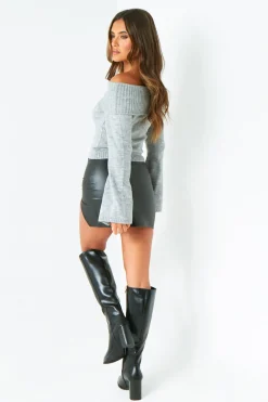 Concert Outfits|Tops*Missy Empire Tori Grey Fold Over Flared Sleeve Jumper