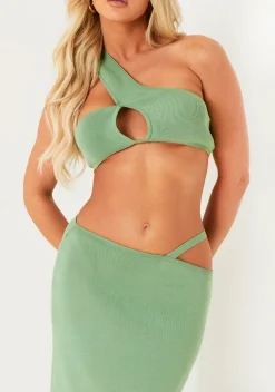 Tops|Co-Ords*Missy Empire Trista Green Knit Asymmetric One Shoulder Cut Out Top