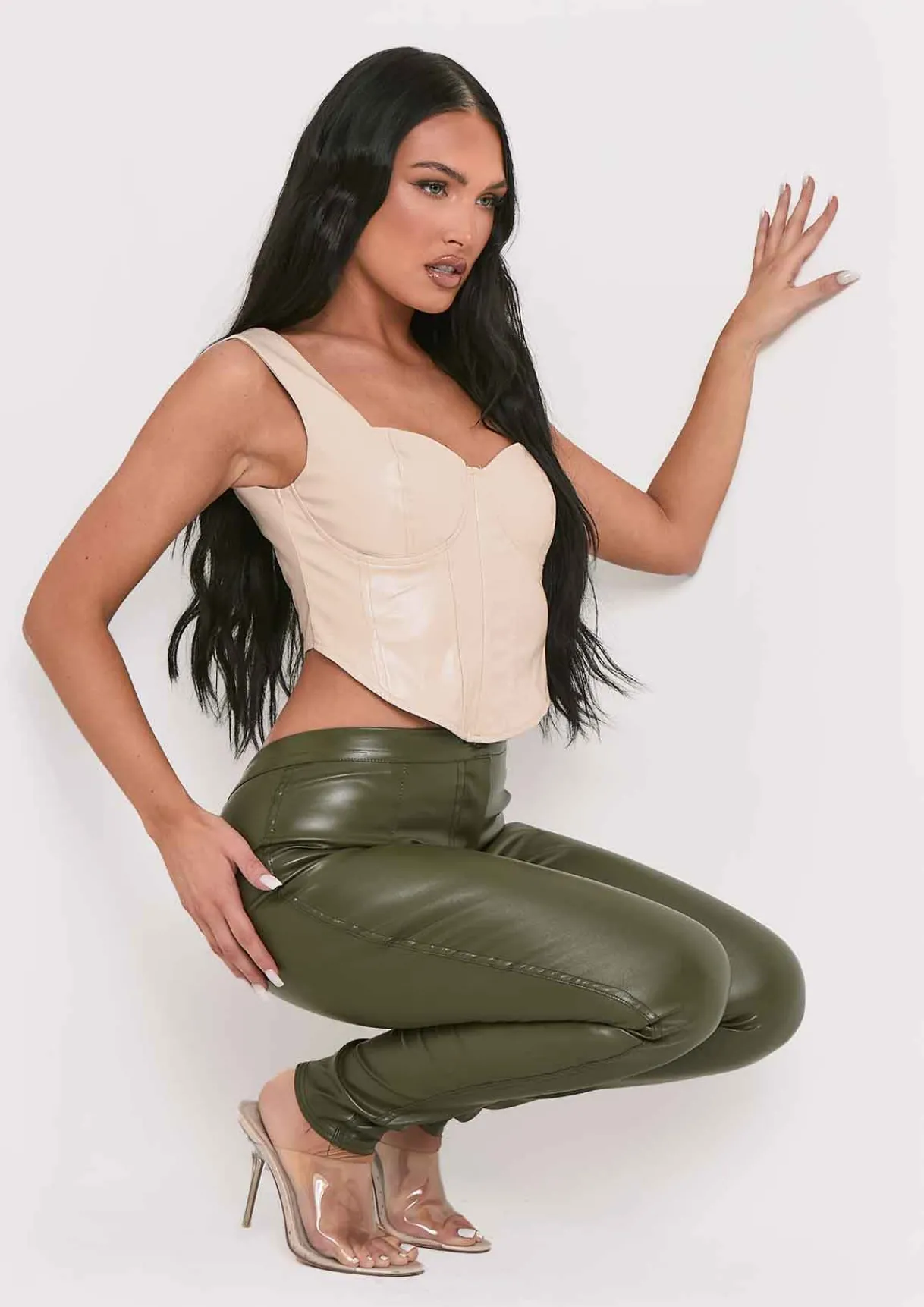 Trousers*Missy Empire Urmi Vegan Leather PU Skinny Trousers Khaki