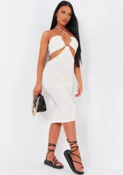 Knitted Dresses|Midi Dresses*Missy Empire Verity Cream Knitted Cut Out Halter Neck Dress