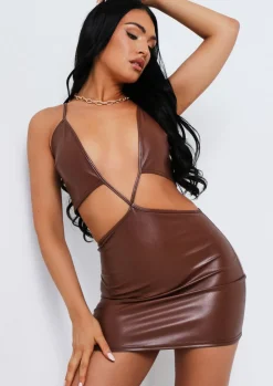 Rave Outfits|Mini Dresses*Missy Empire Yasmine Chocolate PU Cut Out Cross Mini Dress
