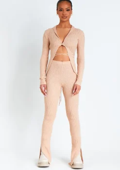 Airport Vibin'|Loungewear*Missy Empire Yuna Beige Ribbed Knitted Side Split Trouser