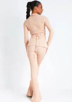 Airport Vibin'|Loungewear*Missy Empire Yuna Beige Ribbed Knitted Side Split Trouser